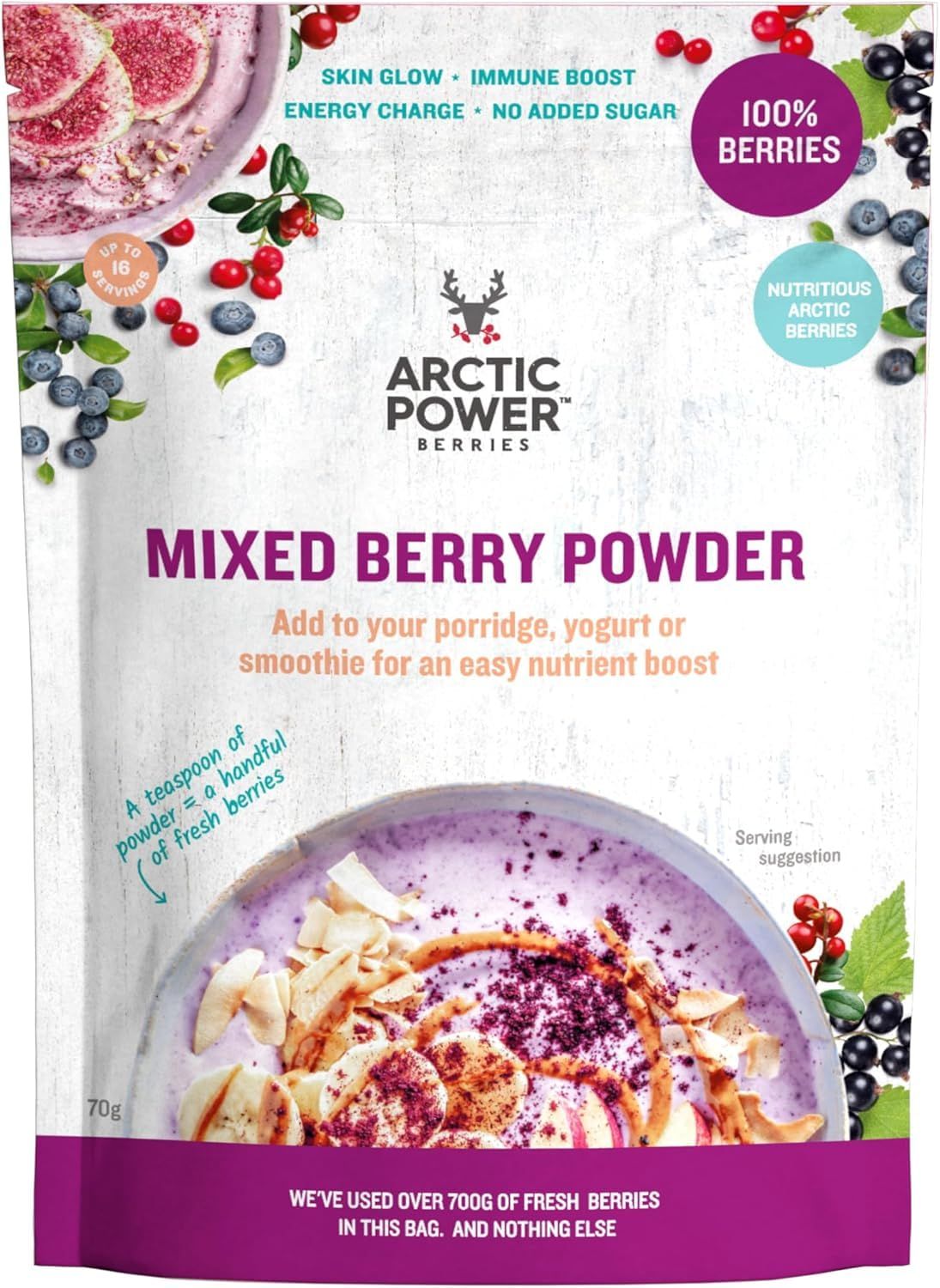 Arctic Power Berries Mixed Berry Powder 70g, Nutrient rich wild-grown berries from Nordic forests, 100% Natural, Delicious nutrient boost for breakfast bowls, smoothies, porridge, yogurt - Vegan