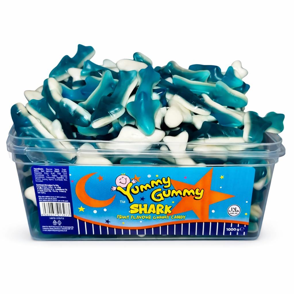 Yummy Gummy Shark Sweets - 1kg Bulk Tub of Soft &amp; Chewy Blue &amp; White Gummy Sharks, Fruit Flavour Candy, Halal, Party &amp; Sharing Sweets