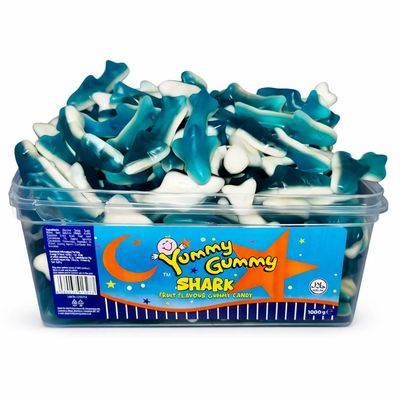 Yummy Gummy Shark Sweets - 1kg Bulk Tub of Soft &amp; Chewy Blue &amp; White Gummy Sharks, Fruit Flavour Candy, Halal, Party &amp; Sharing Sweets