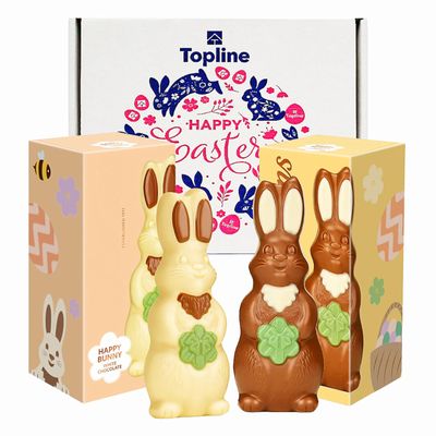 Easter Chocolate Hamper for Easter Gifts - Sweets Gift Box of 2 White & Milk Chocolate Happy Bunny Figures 90g Great Chocolate Hamper for Kids, Easter Egg Hunts