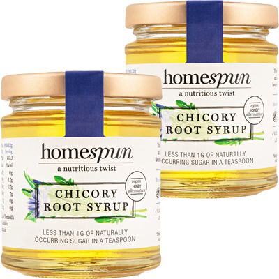 Homespun Chicory Root Syrup - Keto & Low Carb Sweetener - Low Sugar, Vegan Honey - High in Prebiotic Fibre - Diabetic Friendly, Low GI Natural Sweetener - Plant Based - 2x 200g Glass Jars