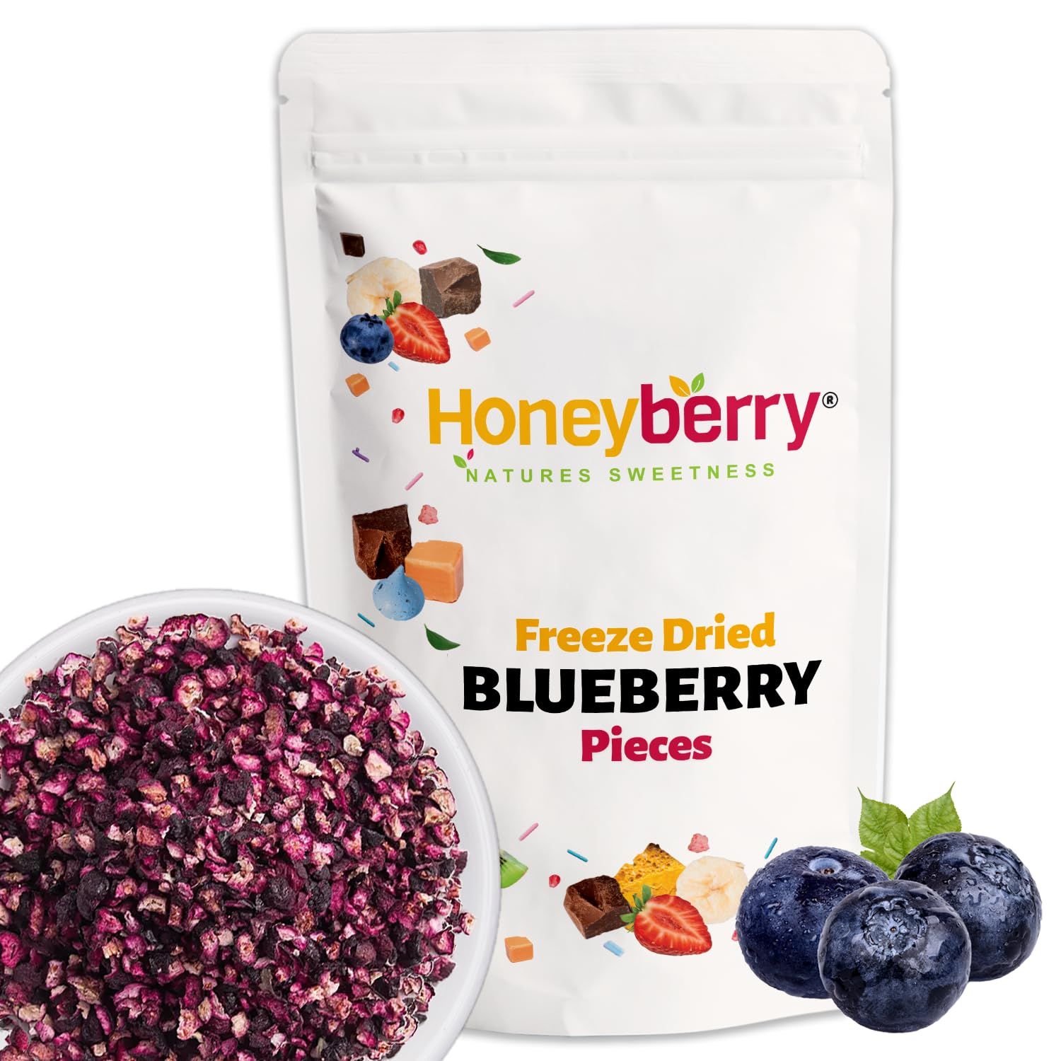 Freeze Dried Blueberry Pieces 100g - Freeze Dried Fruit Bits - Natural Healthy Dry Blueberries for Baking, Cake Decorations, Smoothie, Yoghurt or Ice Creams Topping - Dehydrated Fresh Blueberry Pieces