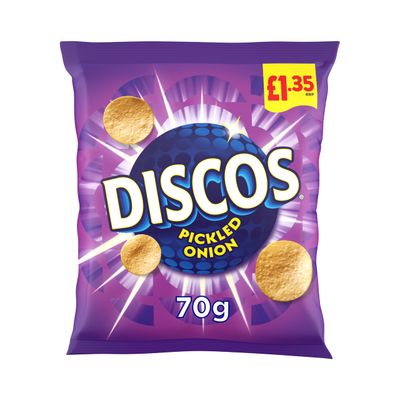 Discos Pickled Onion Crisps 16 x 70g - Tangy, Crunchy Potato Snacks - Perfect for Sharing &amp; Parties - Classic British Crisps Flavor in Convenient Ready-to-Eat Packs