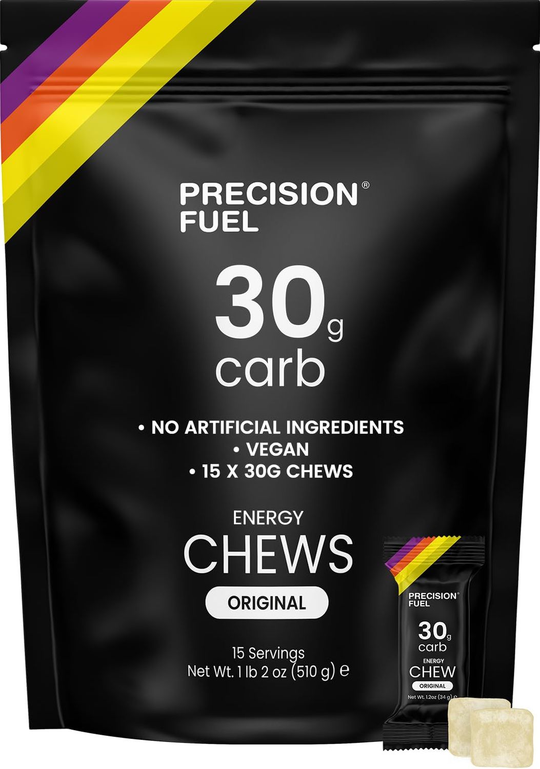 Precision Fuel PF30 Energy Chews - Carb, Lightweight Snack for Endurance Sports, 30g Carbs per Serving, Ideal for Running &amp; Cycling, No Artificial Ingredients - Original Flavour (15 x 34g Chews)