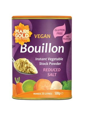 Marigold Reduced Salt Vegetable Bouillon Powder, 500g - Instant Vegan Stock Powder, 37% Less Salt, Natural Ingredients, Gluten-Free - Perfect for Soups, Stews & Sauces.
