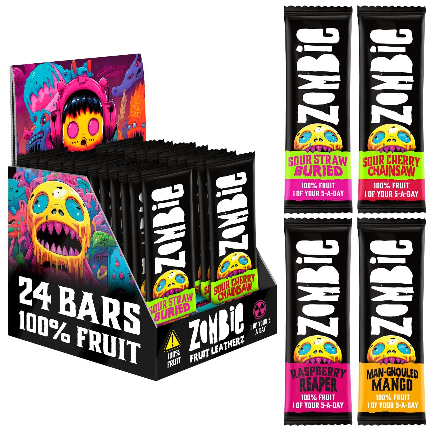 Zombie Fruit Bars, Variety Box (24 Bars, 4 Flavours - 2 Sweet, 2 Sours), 100% Dried Fruit, Healthy Snacks for Adults, Kids, Low Calorie, Gluten Free, Vegan, Halal, Bulk, Real Fruit, No Added Sugar