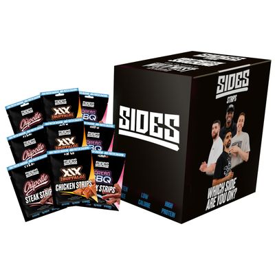 Sides - Variety Case - Chipotle, Korean BBQ Beef Steak and XIX Buffalo Chicken Strips - High Protein Jerky Meat Snack - Box of 9 x 35 g Packs