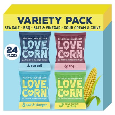 LOVE CORN Variety Pack Sea Salt, BBQ, Salt &amp; Vinegar, Sour Cream &amp; Chive - (24 x 20g) High Fibre Snack, High Oleic Sunflower Oil, Gluten-Free, Vegan, Kosher, Low Sugar Healthy Lunchbox Variety, UK