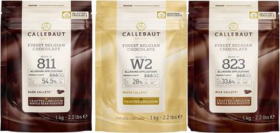 Callebaut Chocolate Bundle- 3x1kg Milk Dark & White Couverture Chocolate Callets- Belgian Chocolate Chips for Baking- Combine Pack of Callebaut White Chocolate Callets, Dark & Milk Chocolate Callets