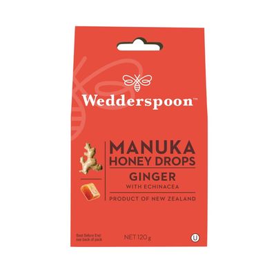 Wedderspoon Natural Manuka Honey Drops with Ginger & Echinacea - 20 Pack, Individually Wrapped, Gluten-Free, Dairy-Free, Nut-Free, Non-GMO, Premium Honey Sweets Crafted from New Zealand Manuka Honey