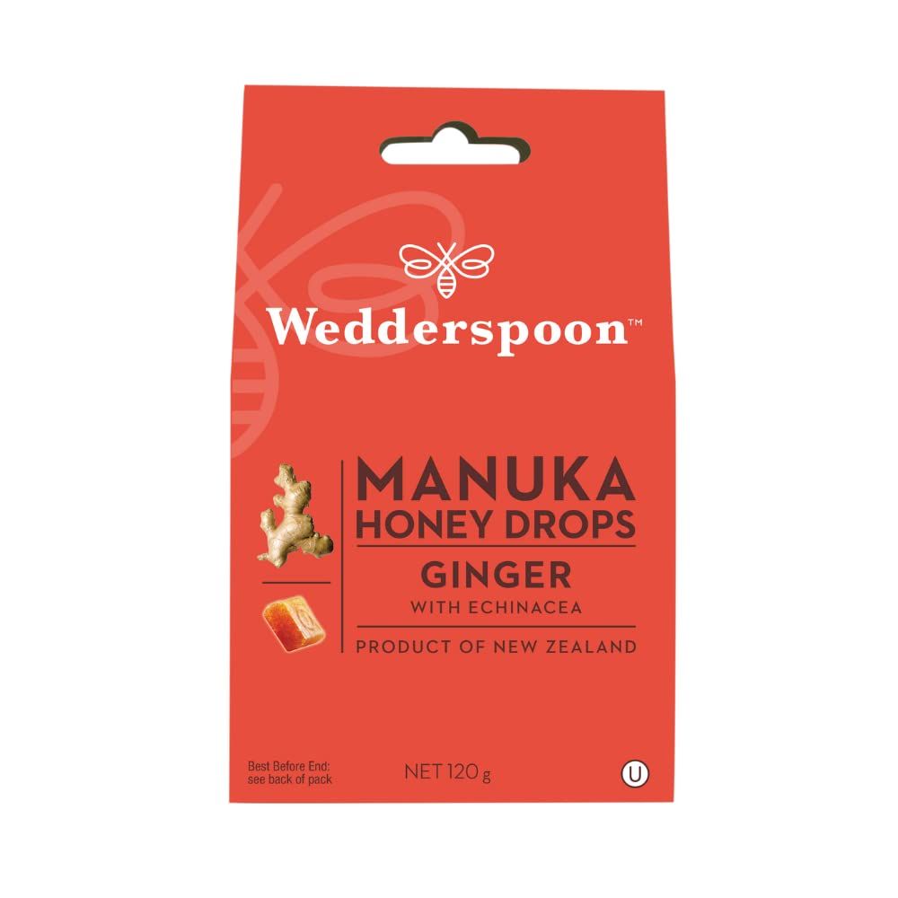 Wedderspoon Natural Manuka Honey Drops with Ginger &amp; Echinacea - 20 Pack, Individually Wrapped, Gluten-Free, Dairy-Free, Nut-Free, Non-GMO, Premium Honey Sweets Crafted from New Zealand Manuka Honey