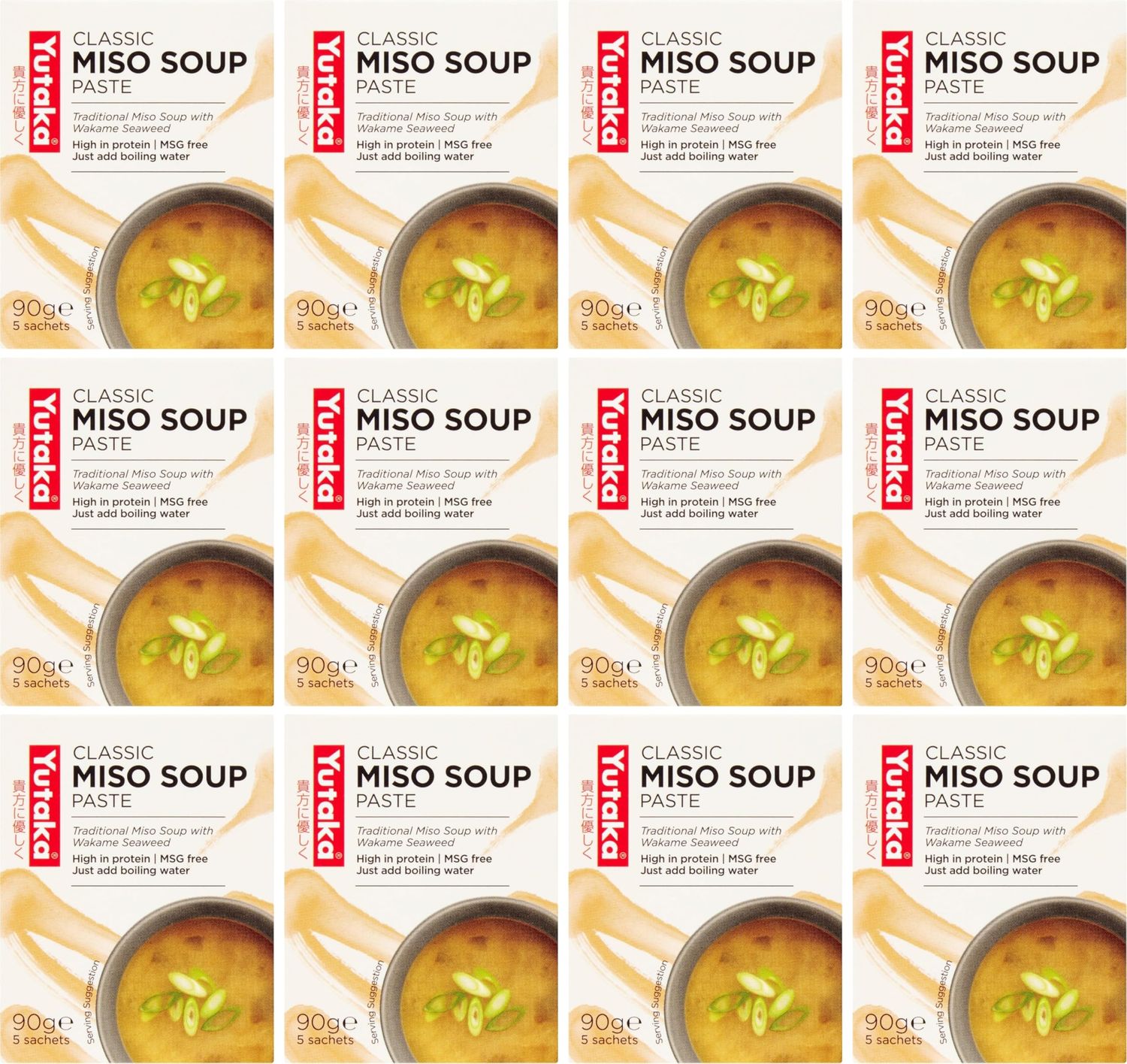 Yutaka Miso Soup 90g (Pack of 12, 60 Sachets) Instant Japanese Soup with Wakame Seaweed No MSG Vegan-Friendly Easy to Prepare, Authentic Flavour
