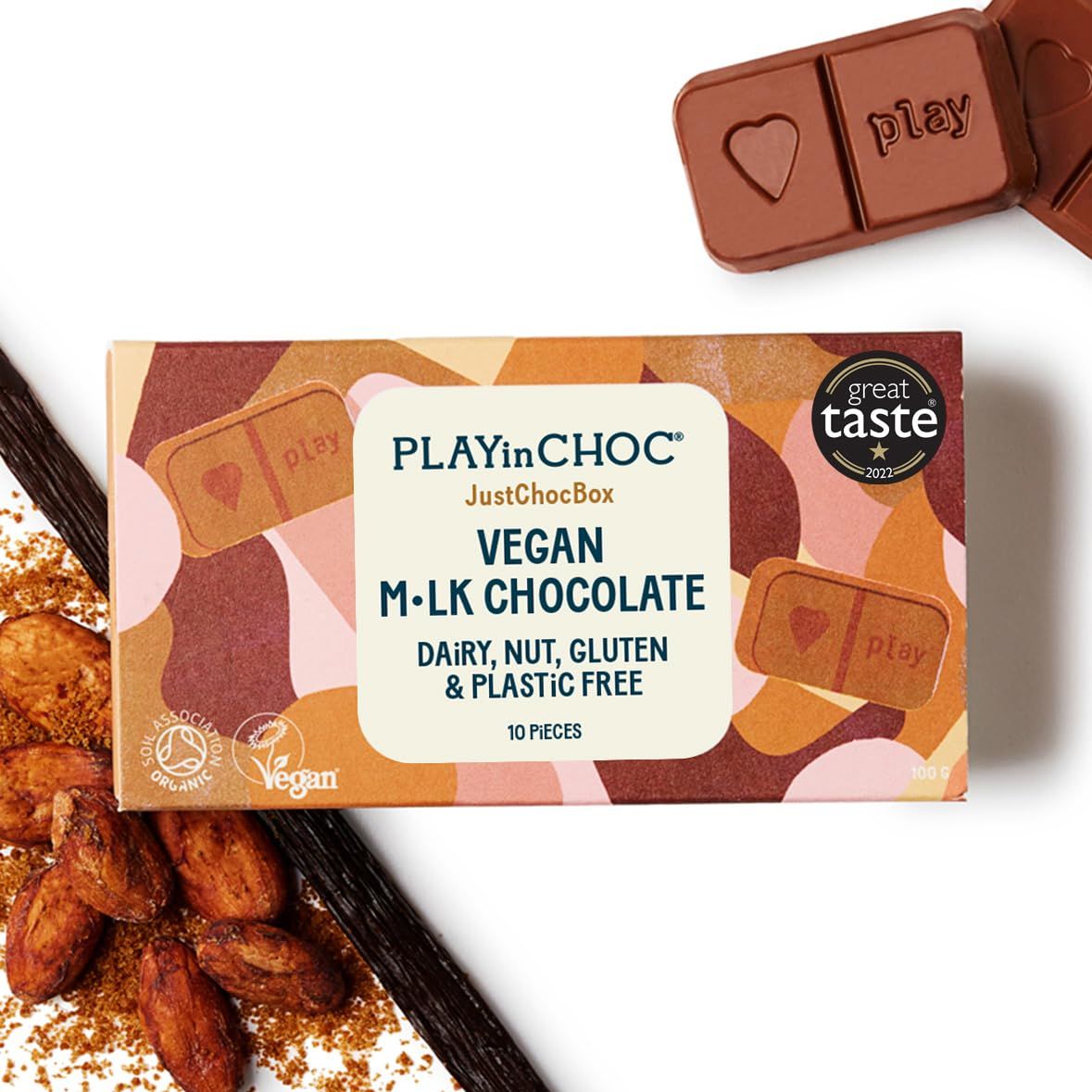 PLAYin CHOC JustChoc Vegan Chocolate, Award-Winning Organic And Dairy Free Chocolate, Organic Peruvian Cacao, Vegan Chocolate Gifts, Lactose Free Chocolate Bar (M lk, 100g)
