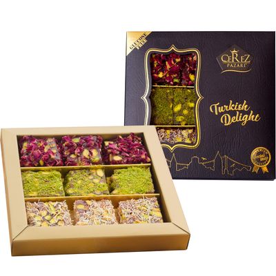 Cerez Pazari Turkish Delight Pistachio with Fantastic Rose &amp; Pomegranate Flavour Experience in Luxury Gift Box 250g Assorted Gourmet Soft Candy, Sweet Vegan Traditional Lokum (Loukoumi) (9-11 Pcs)
