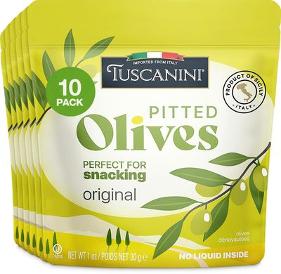 Tuscanini Italian Pitted Snack Olives, 30g (Pack of 10) Convenient Olive Pouches for Snacking No Oil Gluten Free, Vegan, Keto Friendly Great for Travel, Picnics and Office Snacks (Original)