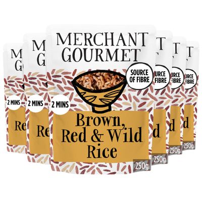 Merchant Gourmet Brown, Red, Wild Microwave Rice - Pack of 6 x 250g Pouches, Source of Fiber, Low Fat & Vegan, Ready in Minutes, Plant-based Ready Meal