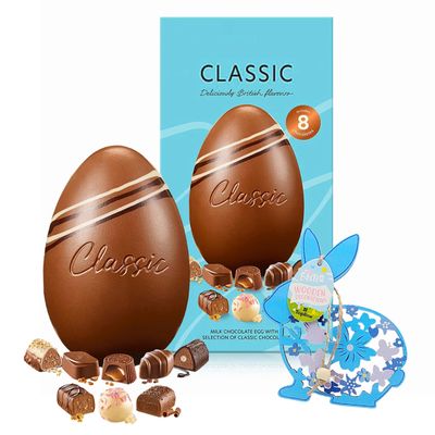 Easter Eggs Chocolate Hamper for Easter Gifts - Luxurious Chocolate Egg with Classic Assortment of Milk, White & Dark Pralines 220g & Topline Wooden Decoration. Chocolates Gift Box for Women, Mum