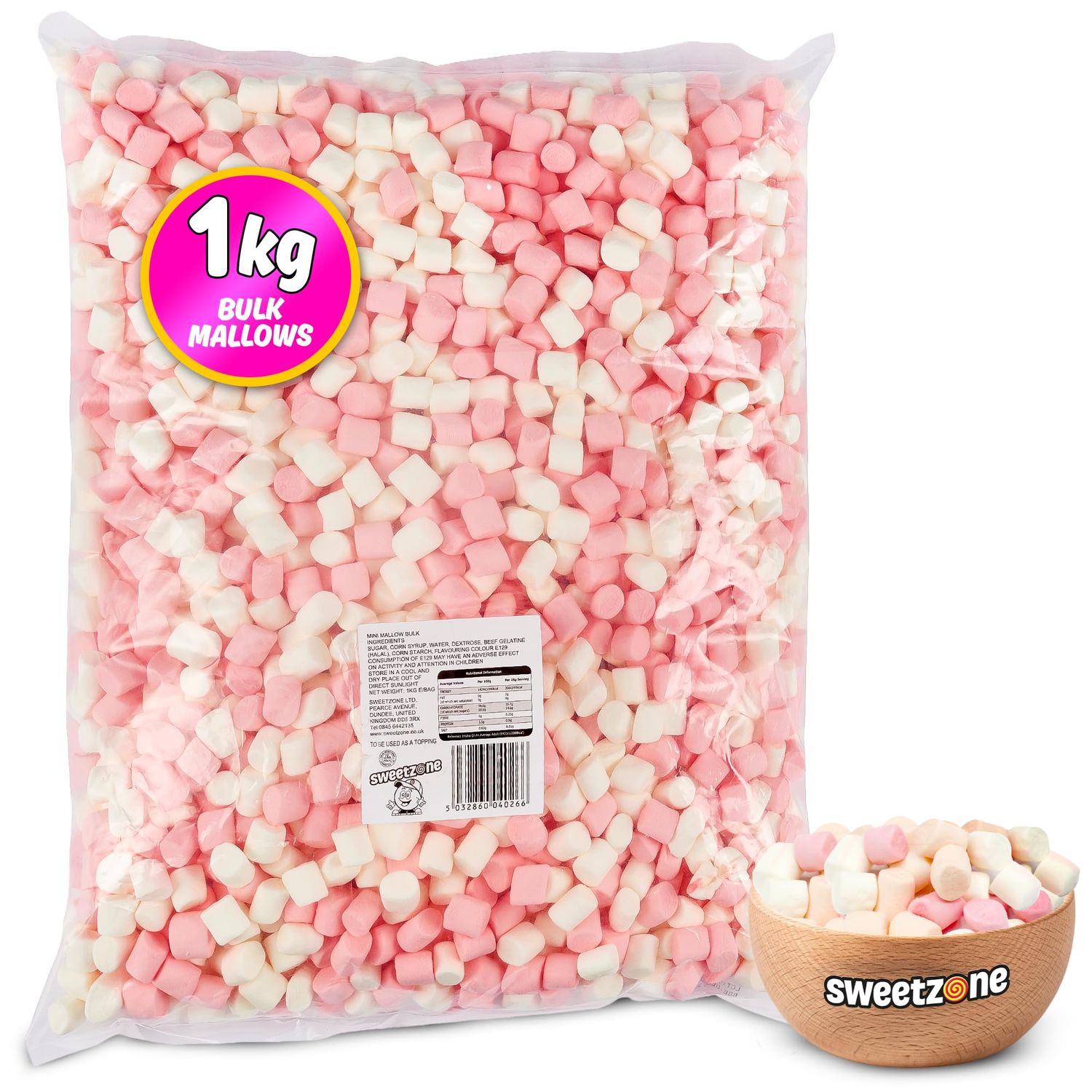 Sweetzone Mini Mallows Pink and White Halal Mini Marshmallows, Sweets Bulk, Retro, Candy for Sweet Bags Marshmallows for Hot Chocolate, 1kg Bulk Sweets Bag