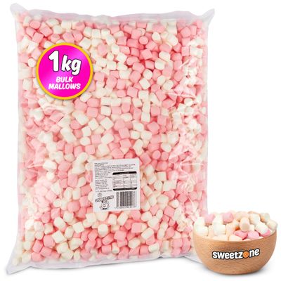 Sweetzone Mini Mallows Pink and White Halal Mini Marshmallows, Sweets Bulk, Retro, Candy for Sweet Bags Marshmallows for Hot Chocolate, 1kg Bulk Sweets Bag