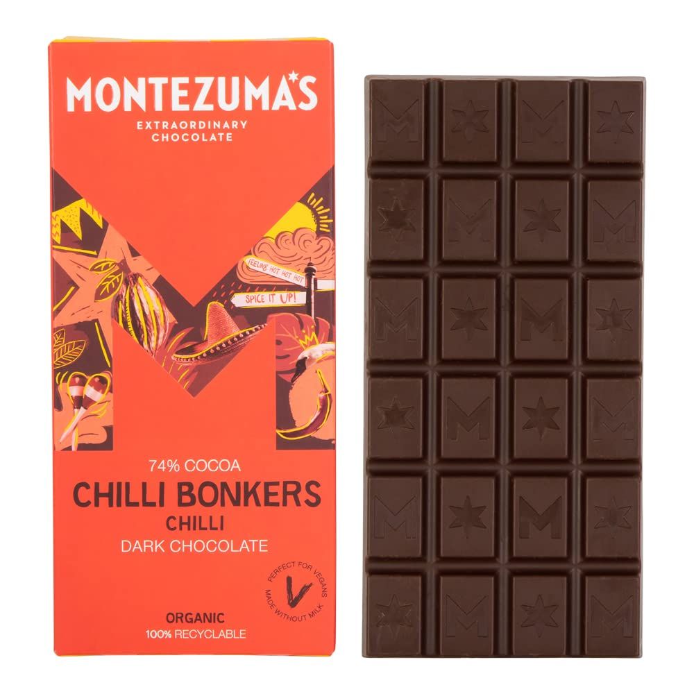 Montezuma's Chilli Bonkers, 74% Cocoa, Dark Chocolate With Chilli, Gluten Free, Naturally Vegan &amp; Organic, 90g Bar
