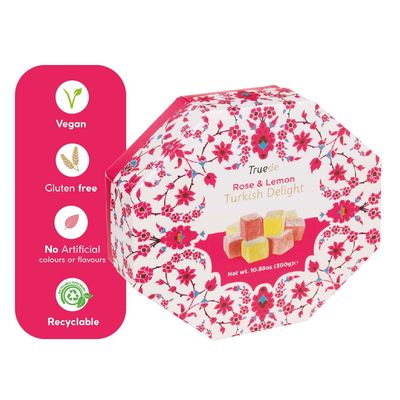 Truede Rose &amp; Lemon Flavour Turkish Delight (300g) - Hand-Made, Dusted Rose and Lemon Turkish Delight