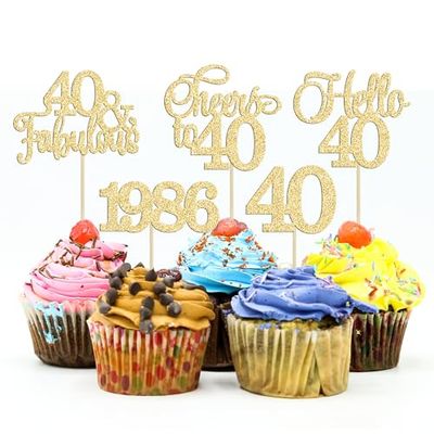 Gyufise 30Pcs 40th Birthday Cupcake Toppers 40 Fabulous Cupcake Picks Cheers to 40 1986 Cake Decorations for Happy 40th Birthday Wedding Anniversary Party Decoration Supplies Gold