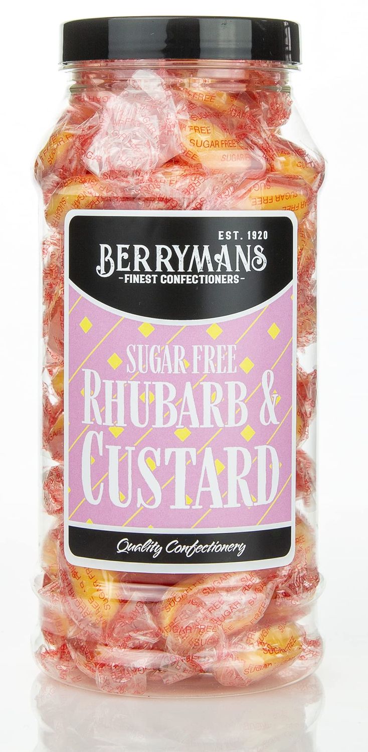 Original Sugar Free Rhubarb and Custard Retro Sweets Gift Jar by Berrymans Sweet Shop - Classic Sweets, Traditional Taste.