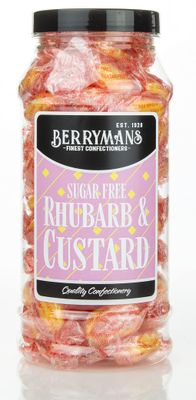 Original Sugar Free Rhubarb and Custard Retro Sweets Gift Jar by Berrymans Sweet Shop - Classic Sweets, Traditional Taste.