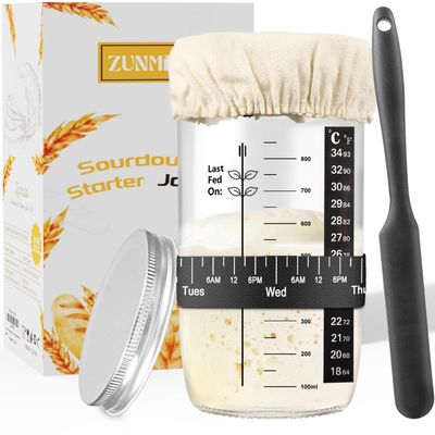 zunmial Sourdough Starter Jar 710ml, Glass Sourdough Starter Kit with Date Feeding Band, Thermometer, Cloth Cover &amp; Metal Lid, Reusable Sourdough Bread Baking Supplies, Home Baking Supplies (1pcs)