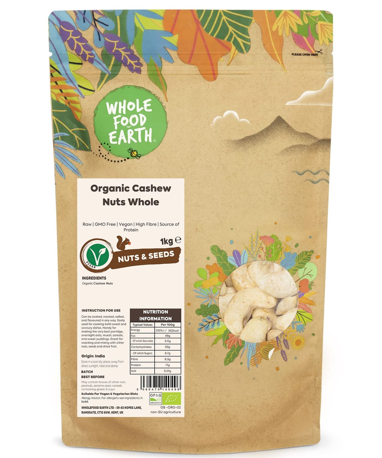 Wholefood Earth Organic Cashew Nuts Whole - 1 kg Raw GMO Free Vegan High Fibre Source of Protein Certified Organic