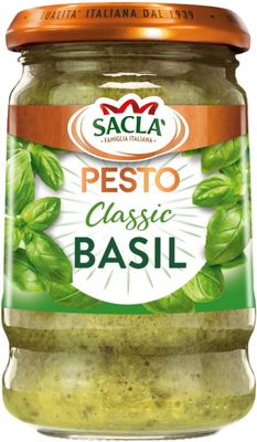 Sacla Italian Basil Pesto - Perfect with Pasta, Pizza, Garlic Bread and Tagliatelli - Made with Fresh Basil Leaves, Italian Cheeses and Pine Nuts - 190g (Pack of 1) Sacla Italian Basil Pesto - Perfect with Pasta, Pizza, Garlic Bread and Tagliatelli - Made with Fresh Basil Leaves, Italian Cheeses and Pine Nuts - 190g (Pack of 1)