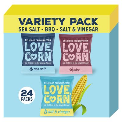 LOVE CORN Variety Pack (8x Sea Salt, BBQ, Salt &amp; Vinegar) - Healthy Snacks Ideal for Gluten Free &amp; Vegan Diets - Low Sugar Alternative for Crisps, Mixed Nuts &amp; Pretzels - Perfect To Graze On