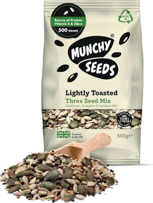 Munchy Seeds Lightly Toasted 3 Seed Mix, Pumpkin Seeds, Sunflower Seeds &amp; Flaxseed, Free from Nuts, Seeds for Baking, Breakfast Cereals &amp; Granola, Mixed Seeds to Eat, Mixed Seeds for Eating 500g