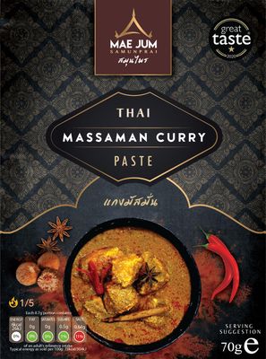 Authentic Thai Massaman Curry Paste by Mae Jum 3 pack x 70g Mild Spice Great Taste Award Winner Up to 8 Servings per Pack 100% Natural Vegan Paste Gluten Free