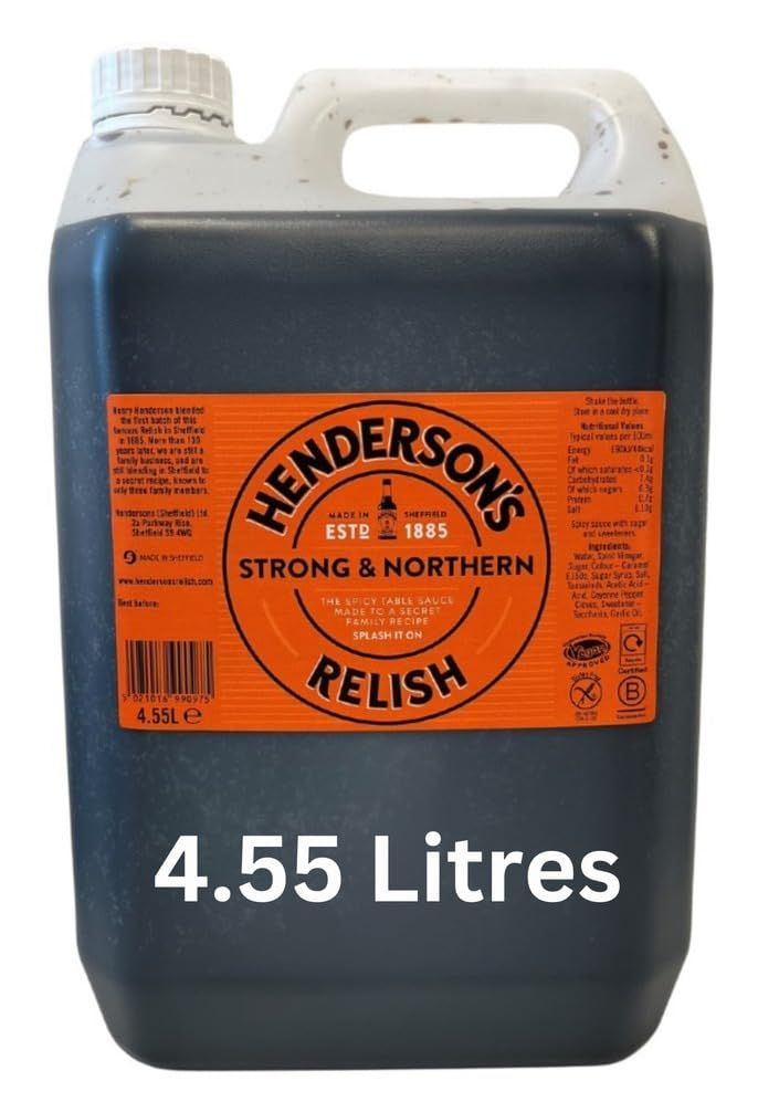 Henderson's Relish. an Alternative to Worcestershire Sauce. A Spicy, Gluten Free Sauce. Plant Based Ingredients. Suitable for Vegans / Vegetarians. 4.55 Litre Bottle.