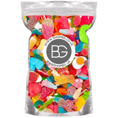 Bargain Gateway Mixed Quality Pick &amp; Mix Sweets - Large Retro Candy Sweeties Assortment, 1kg Pouch Gummy Jelly Fizzy Gift Chewy PicknMix