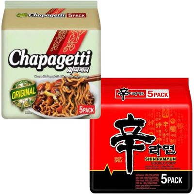 Nongshim Korean Noodles Variety Pack of 2 Flavours (10 Packs Total) - Shin Ramyun Spicy &amp; Chapagetti Black Bean Ramen - Instant Korean Ramen Noodle Multipack for Quick Meals &amp; Snacks