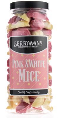 Original Pink and White Mice Strawberry &amp; Cream Retro Sweets Gift Jar by Berrymans Sweet Shop - Classic Sweets, Traditional Taste.