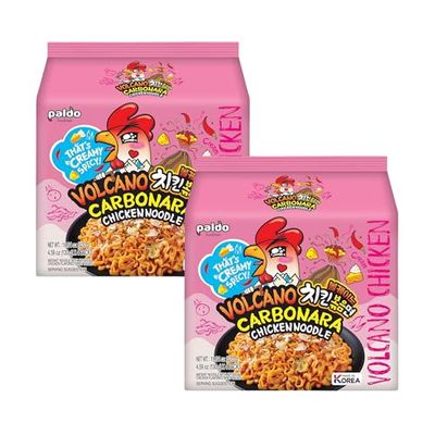 Paldo Volcano Carbonara Chicken Noodles 130g x 8 Packets (Bag of 2) - Bold Fusion of Creamy Carbonara &amp; Fiery Spice Instant Korean Ramen Multipack