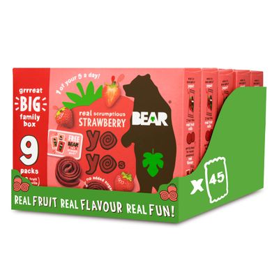 BEAR Fruit Yoyos Strawberry 20g (Pack of 45) - 100% Fruit, No Added Sugar, Ideal lunchbox snack for kids or on-the-go