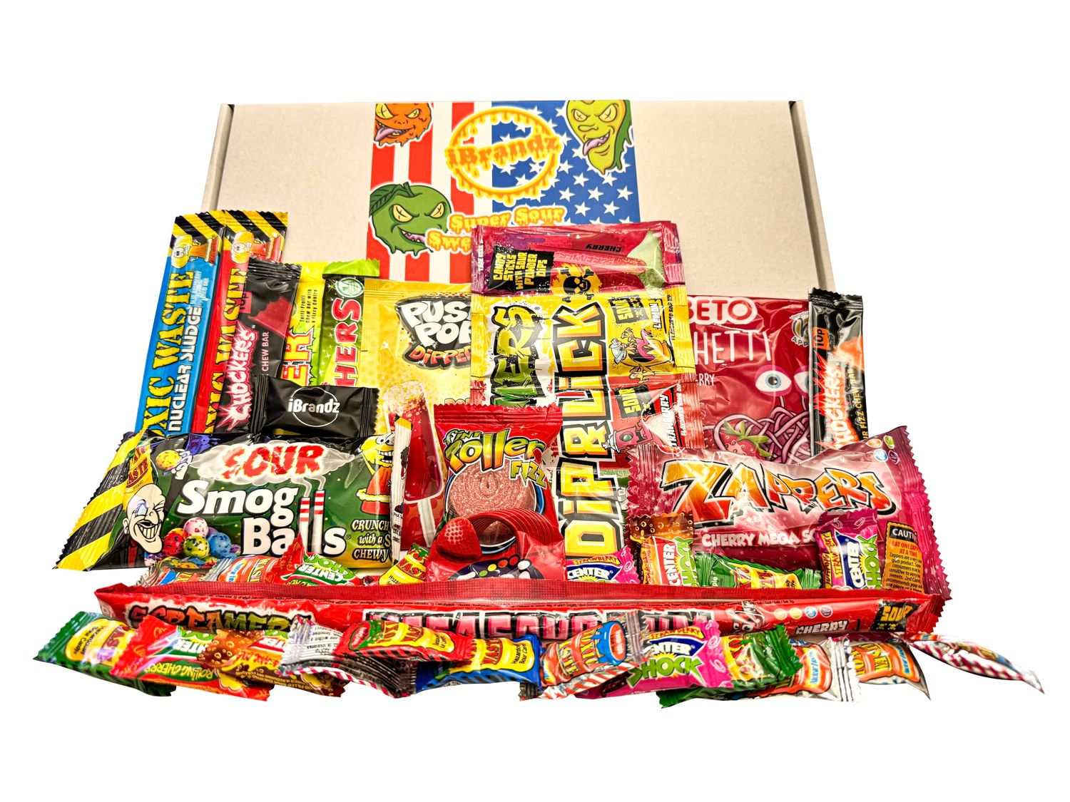Super Sour Sweet Gift Box Hamper 34 Treats Ultimate American and World Candy. Gift for Adults or Children as Birthday Christmas Easter Gift for him or her.