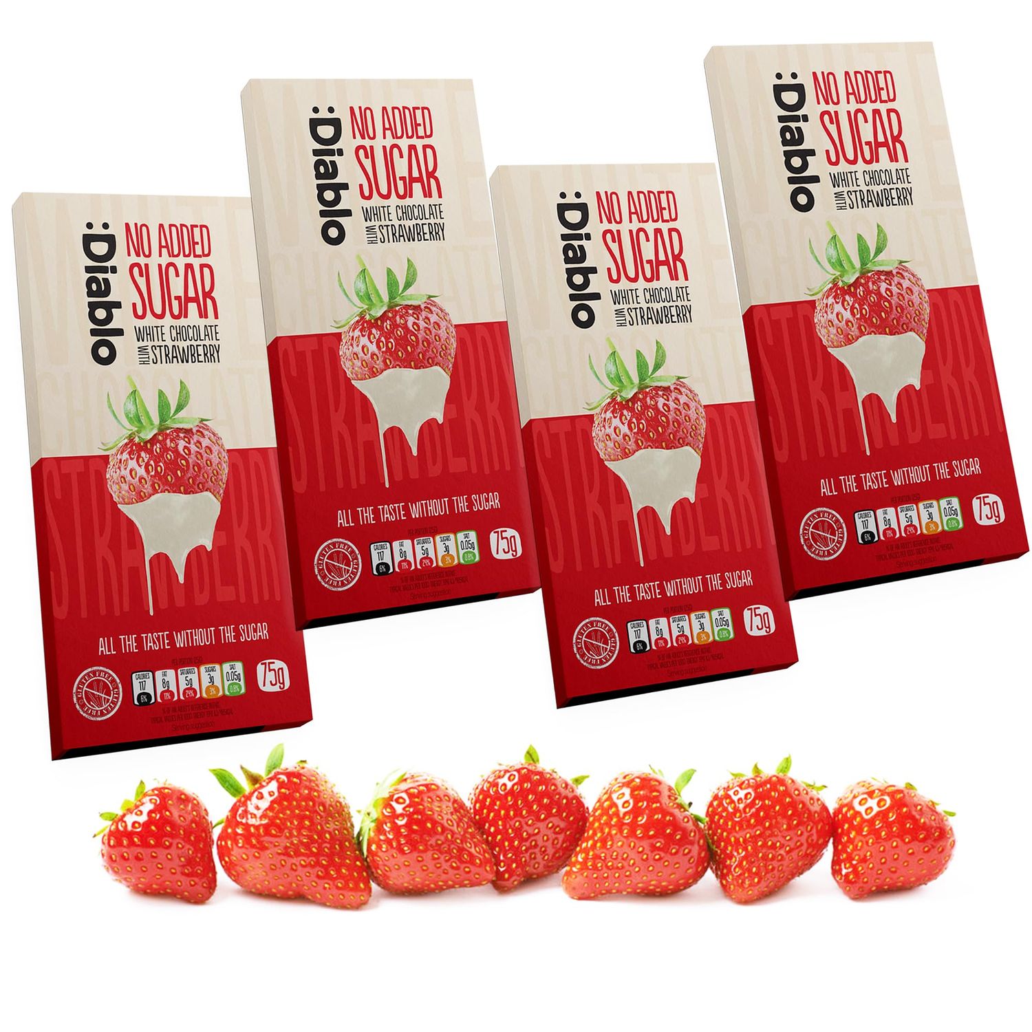 Diablo No Added Sugar White Chocolate with Strawberry - No Added Sugar Chocolate Bar Sweetened with Stevia, Gluten Free, Ideal for Any Occasion, Birthdays, Valentines, or Gift Hampers, 75g (Pack of 4)