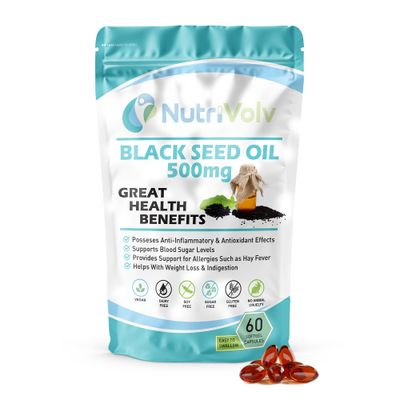 Nutrivolv Black Seed Oil 500mg 60 Vegan Softgels Pure Cold-Pressed Nigella Sativa Seeds Thymoquinone Antioxidants Immune Support Skin &amp; Hair Health Joint &amp; Heart Health