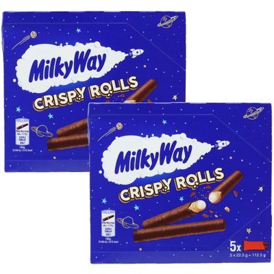 Milky Way Crispy Rolls - Pack of 2 (5 Bars per Pack, 10 Rolls Total) - Chocolate Coated Wafer Snacks with Creamy Filling (Vegetarian Friendly)
