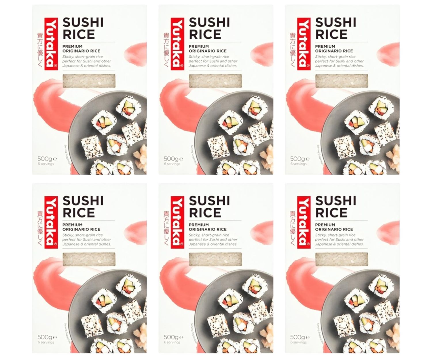 Yutaka - Premium Grade Sushi Rice, 500g (Pack of 6) - Japanese-Style Sticky Short Grain Rice - Makes 6 Servings - Ideal for Sushi, Onigiri, Rice Bowls &amp; Oriental Dishes - Quick &amp; Easy to Prepare