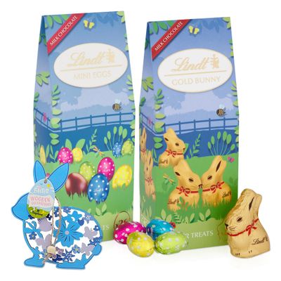 Topline Lindt Easter Chocolate Mini Eggs Hamper - Sweet Treats of 155g Milk Chocolate Eggs, 80g Golden Bunnies & Topline Wooden Decoration. Great for Kids Easter Gifts, Egg Hunt, Party Bag Fillers