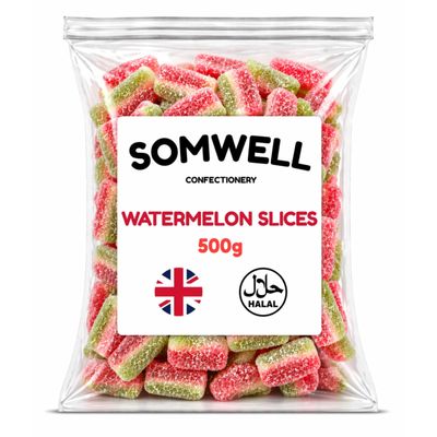 Somwell - Fizzy Watermelon Slices 500g - Halal Jelly Fruit Sweets - Retro Pick n Mix Jellies - Ideal Bulk Party Jelly Sweets, Birthday Candy, Cake Decorations & Sharing - Resealable Pouch
