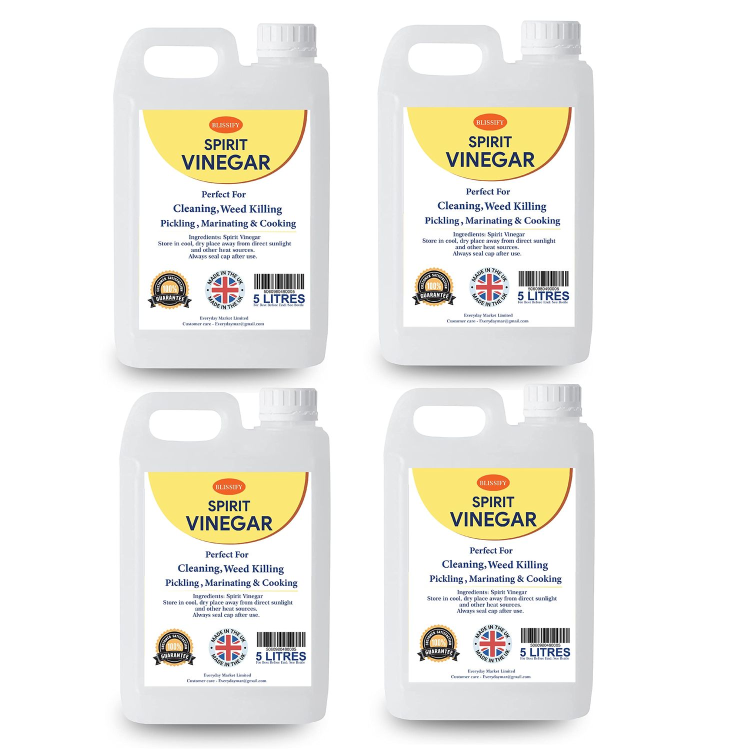 Spirit White Vinegar - Food Grade 5% Acetic Acid Liquid for Household Cleaning, Cooking, Baking and Pickling (5L, Pack of 4)