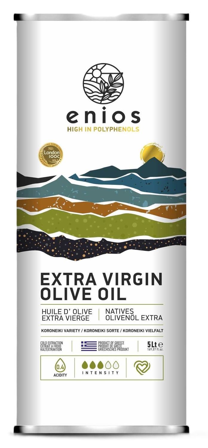 Enios Premium Greek (Kalamata) Extra Virgin Olive Oil 5L. New Harvest 2025/2026. First Cold Pressed, Low Acidity 0.27%, Rich in Polyphenols. Best Before: Jun-2027