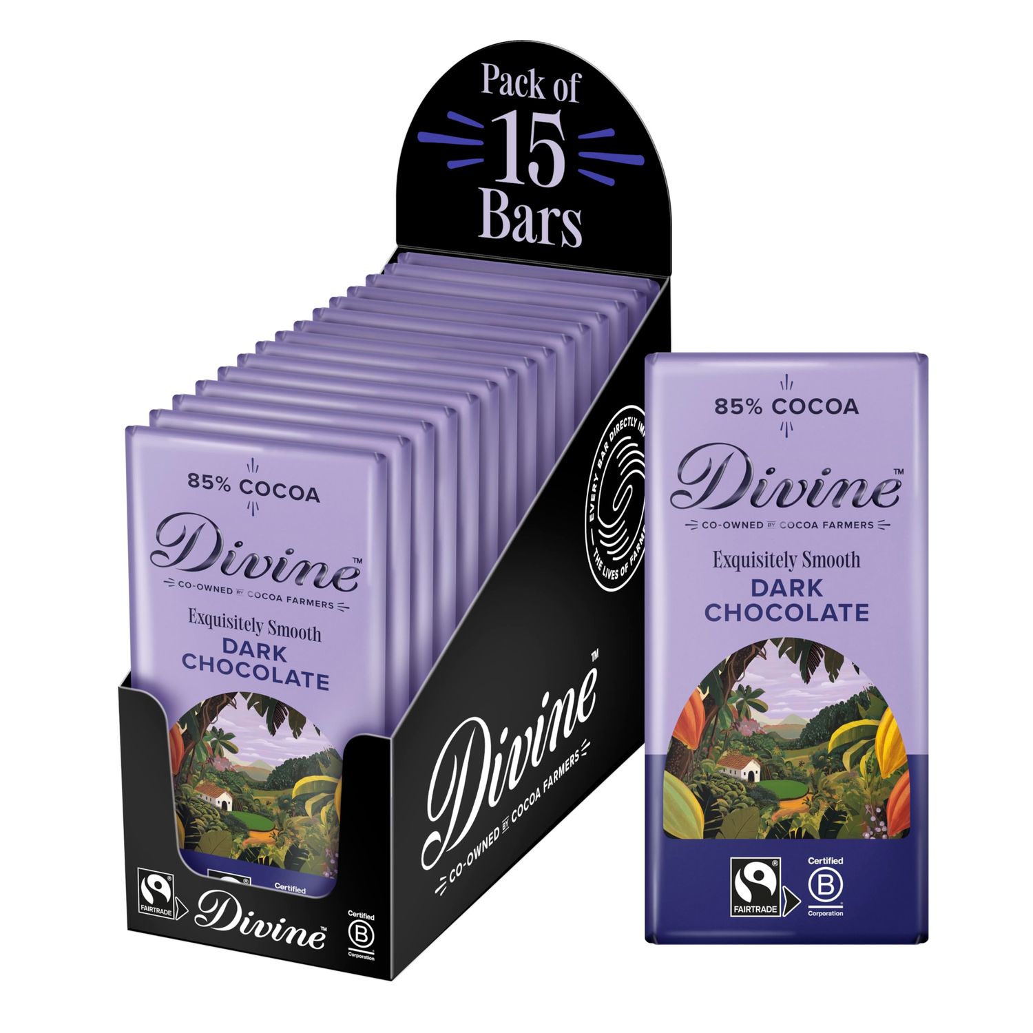 Divine 85% Cocoa Dark Chocolate 15 x 90g Bars - Fairtrade Dark Chocolate - Smooth Rich Flavour - Ethical Premium Chocolate